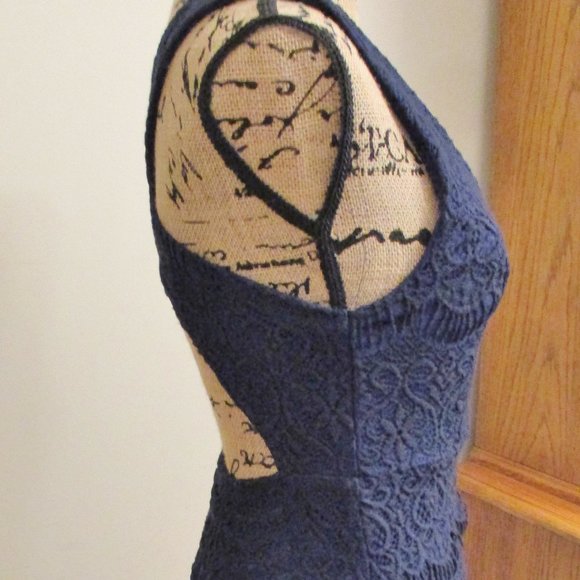 Hello Molly Women's Low Cut Bodycon Dress, Lace, Navy Blue, Criss Cross, Size 10 - Picture 9 of 16